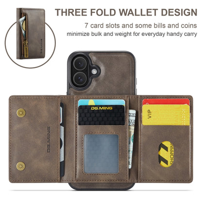 For iPhone 16 Plus DG.MING M5 Series Zip RFID Multi Card Detachable Leather Phone Case(Coffee) - iPhone 16 Plus Cases by DG.MING | Online Shopping UK | buy2fix