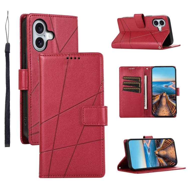 For iPhone 16 PU Genuine Leather Texture Embossed Line Phone Case(Red) - iPhone 16 Cases by buy2fix | Online Shopping UK | buy2fix