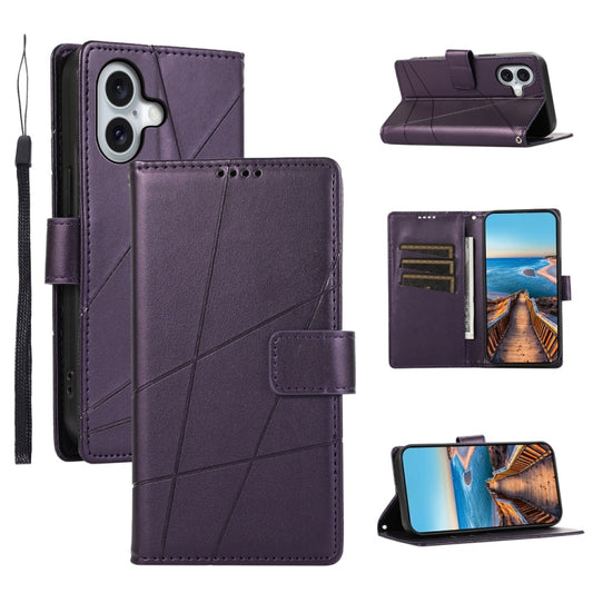 For iPhone 16 PU Genuine Leather Texture Embossed Line Phone Case(Purple) - iPhone 16 Cases by buy2fix | Online Shopping UK | buy2fix