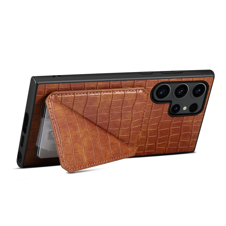 For Samsung Galaxy S23 Ultra 5G Denior Crocodile Texture Holder Electroplating Phone Case(Brown) - Galaxy S23 Ultra 5G Cases by Denior | Online Shopping UK | buy2fix