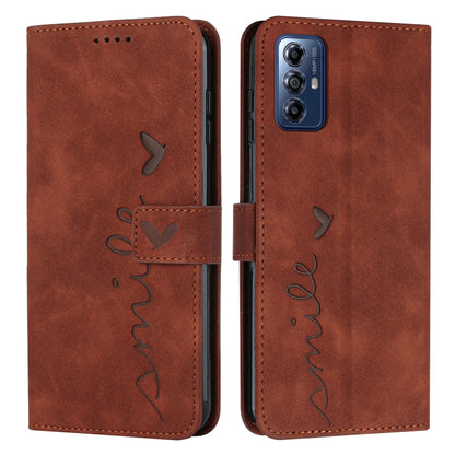 For Motorola Moto G Play 2024 Skin Feel Heart Embossed Leather Phone Case with Long Lanyard(Brown) - Motorola Cases by buy2fix | Online Shopping UK | buy2fix