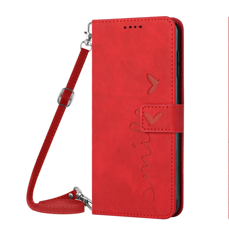 For Xiaomi Redmi Note 13 Pro+ Skin Feel Heart Embossed Leather Phone Case with Long Lanyard(Red) - Note 13 Pro+ Cases by buy2fix | Online Shopping UK | buy2fix