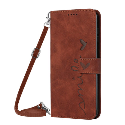 For Xiaomi Redmi K70 / K70 Pro Skin Feel Heart Embossed Leather Phone Case with Long Lanyard(Brown) - K70 Pro Cases by buy2fix | Online Shopping UK | buy2fix