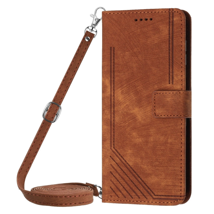 For vivo S18 / S18 Pro Skin Feel Stripe Pattern Leather Phone Case with Lanyard(Brown) - S18 Cases by buy2fix | Online Shopping UK | buy2fix