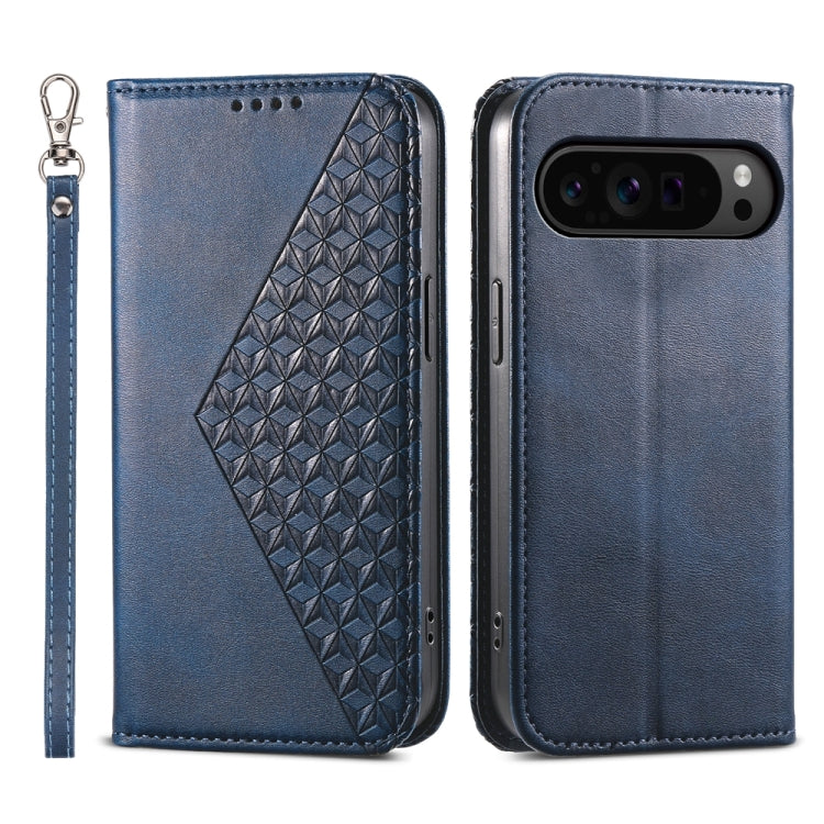 For Google Pixel 9 Pro Cubic Grid Calf Texture Magnetic Leather Phone Case(Blue) - Google Cases by buy2fix | Online Shopping UK | buy2fix