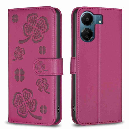 For Xiaomi Redmi 13C Four-leaf Embossed Leather Phone Case(Rose Red) - 13C Cases by buy2fix | Online Shopping UK | buy2fix