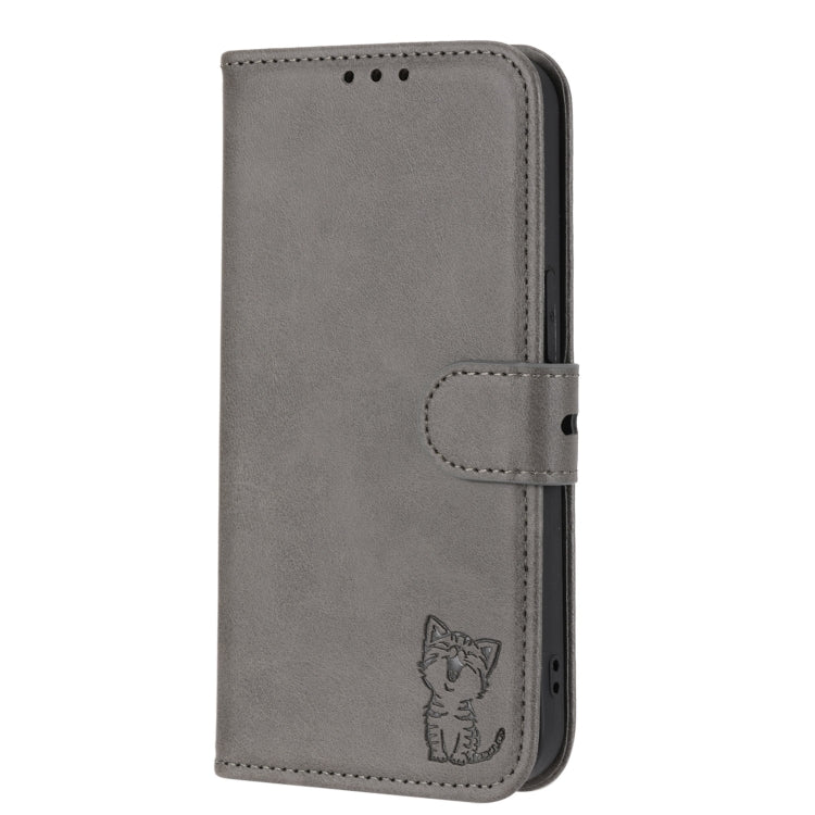 For Google Pixel 9 Pro Embossed Happy Cat Pattern Flip Leather Phone Case(Grey) - Google Cases by buy2fix | Online Shopping UK | buy2fix