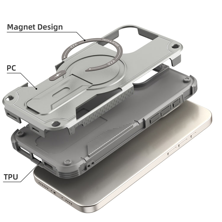 For iPhone 16 Pro Max Armor Magsafe Holder PC Hybrid TPU Phone Case(Grey) - iPhone 16 Pro Max Cases by buy2fix | Online Shopping UK | buy2fix