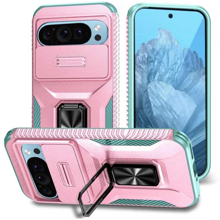 For Google Pixel 9 / Pixel 9 Pro Sliding Camshield Holder Phone Case(Pink + Grey Green) - Google Cases by buy2fix | Online Shopping UK | buy2fix