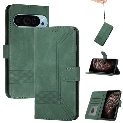 For Google Pixel 9 Pro Cubic Skin Feel Flip Leather Phone Case(Green) - Google Cases by buy2fix | Online Shopping UK | buy2fix