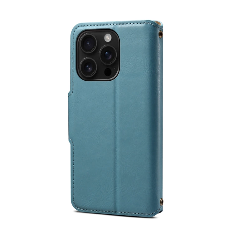 For iPhone 16 Pro Denior Cowhide Texture Wallet Style Leather Phone Case(Blue) - iPhone 16 Pro Cases by Denior | Online Shopping UK | buy2fix