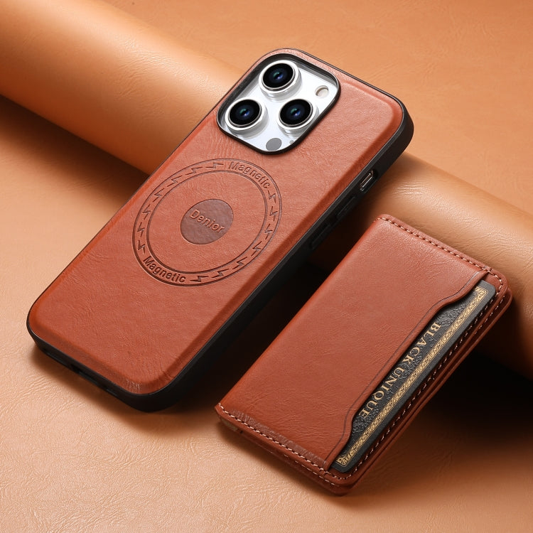 For iPhone 14 Plus Denior Cowhide Texture Leather MagSafe Detachable Wallet Phone Case(Brown) - iPhone 14 Plus Cases by Denior | Online Shopping UK | buy2fix