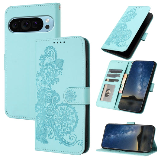 For Google Pixel 9 Pro Datura Flower Embossed Flip Leather Phone Case(Light blue) - Google Cases by buy2fix | Online Shopping UK | buy2fix