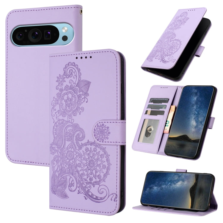 For Google Pixel 9 Datura Flower Embossed Flip Leather Phone Case(Purple) - Google Cases by buy2fix | Online Shopping UK | buy2fix