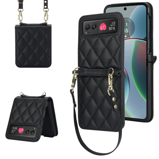 For Motorola Razr 40 Rhombic Texture Phone Case with Long & Short Lanyard(Black) - Motorola Cases by buy2fix | Online Shopping UK | buy2fix