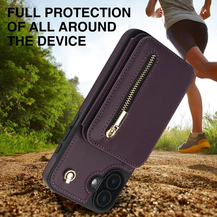 For iPhone 16 Plus YM006 Skin Feel Zipper Card Bag Phone Case with Dual Lanyard(Dark Purple) - iPhone 16 Plus Cases by buy2fix | Online Shopping UK | buy2fix