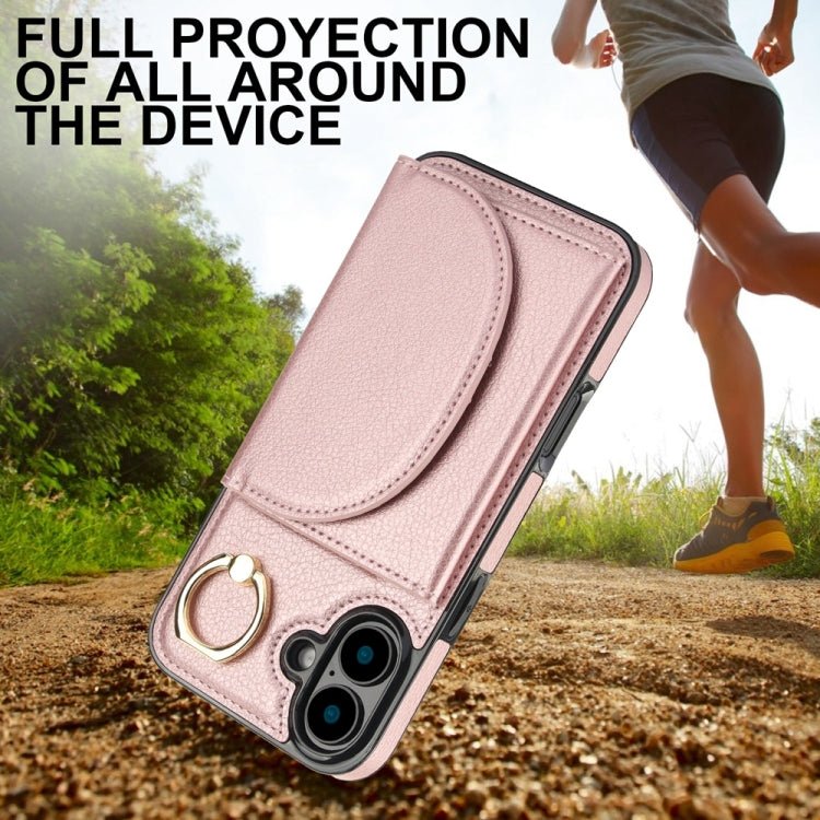 For iPhone 16 YM007 Ring Holder Card Bag Skin Feel Phone Case(Rose Gold) - iPhone 16 Cases by buy2fix | Online Shopping UK | buy2fix