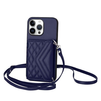 For iPhone 16 Pro Max Rhombic Texture Card Bag RFID Phone Case with Long Lanyard(Blue) - iPhone 16 Pro Max Cases by buy2fix | Online Shopping UK | buy2fix