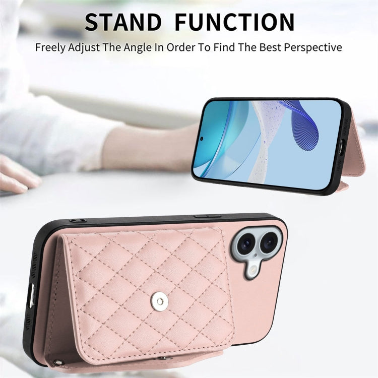 For iPhone 16 Plus Rhombic Texture Card Bag RFID Phone Case with Long Lanyard(Rose Gold) - iPhone 16 Plus Cases by buy2fix | Online Shopping UK | buy2fix