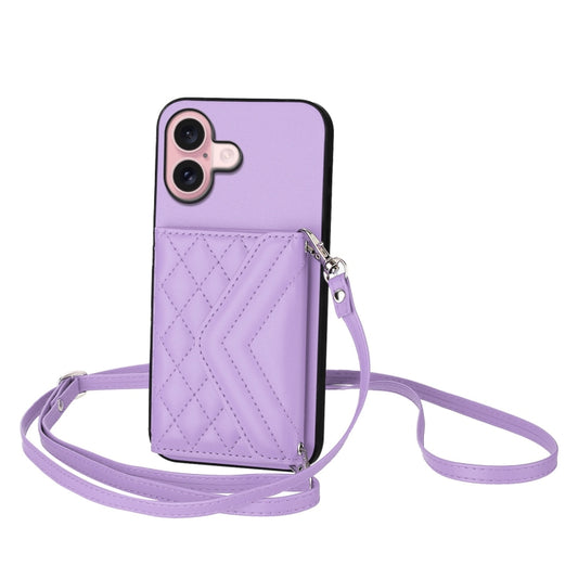 For iPhone 16 Rhombic Texture Card Bag RFID Phone Case with Long Lanyard(Light Purple) - iPhone 16 Cases by buy2fix | Online Shopping UK | buy2fix