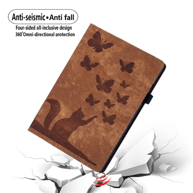 For Samsung Galaxy Tab S9 FE+ / S9+ / S8+ Butterfly Cat Embossing Leather Tablet Case(Brown) - Galaxy Tab S9+ Cases by buy2fix | Online Shopping UK | buy2fix