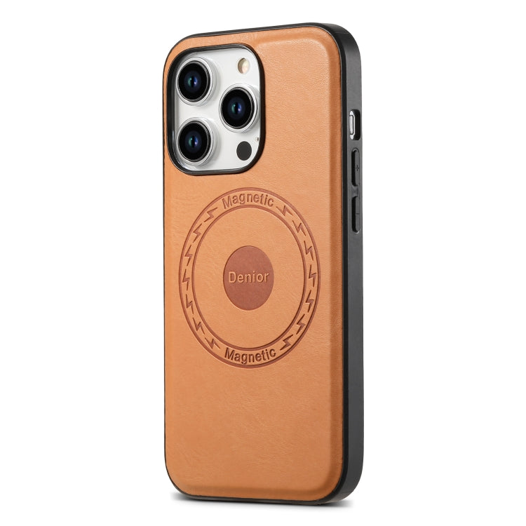 For iPhone 15 Denior Cowhide Texture Leather MagSafe Phone Case(Khaki) - iPhone 15 Cases by Denior | Online Shopping UK | buy2fix
