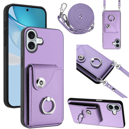 For iPhone 16 Plus Organ Card Bag Ring Holder Phone Case with Long Lanyard(Purple) - iPhone 16 Plus Cases by buy2fix | Online Shopping UK | buy2fix