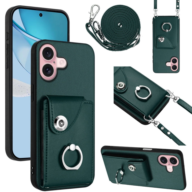 For iPhone 16 Organ Card Bag Ring Holder Phone Case with Long Lanyard(Green) - iPhone 16 Cases by buy2fix | Online Shopping UK | buy2fix