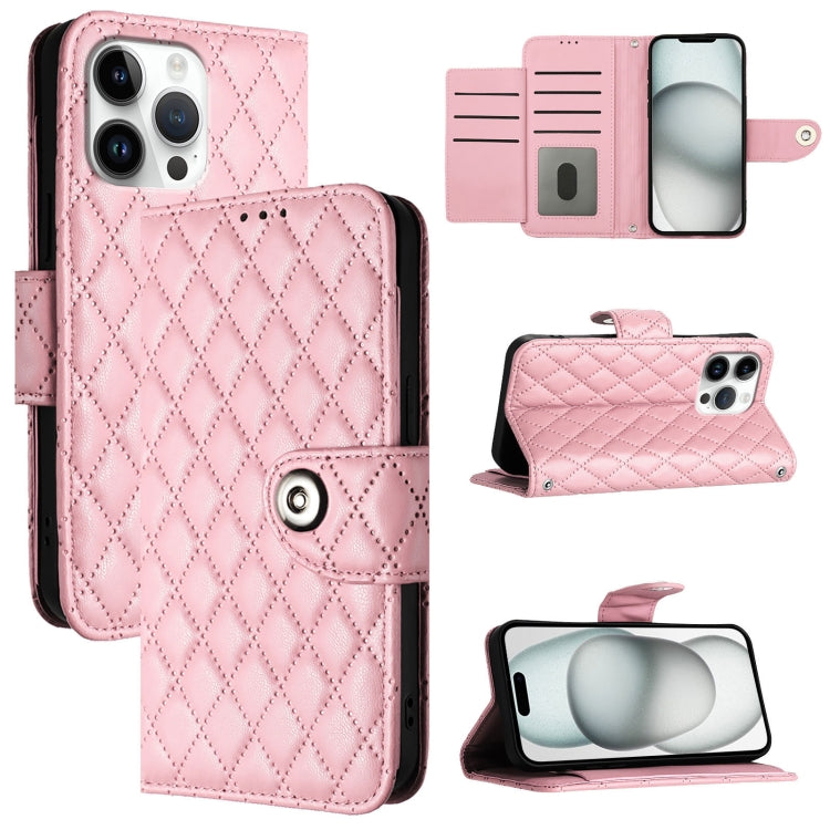 For iPhone 16 Pro Max Rhombic Texture Flip Leather Phone Case with Lanyard(Pink) - iPhone 16 Pro Max Cases by buy2fix | Online Shopping UK | buy2fix