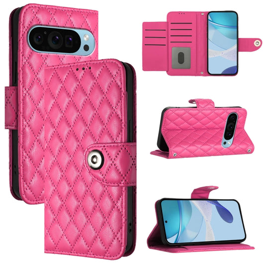 For Google Pixel 9 / Pixel 9 Pro Rhombic Texture Flip Leather Phone Case with Lanyard(Rose Red) - Google Cases by buy2fix | Online Shopping UK | buy2fix