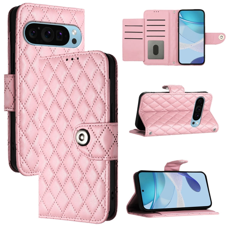 For Google Pixel 9 / Pixel 9 Pro Rhombic Texture Flip Leather Phone Case with Lanyard(Pink) - Google Cases by buy2fix | Online Shopping UK | buy2fix