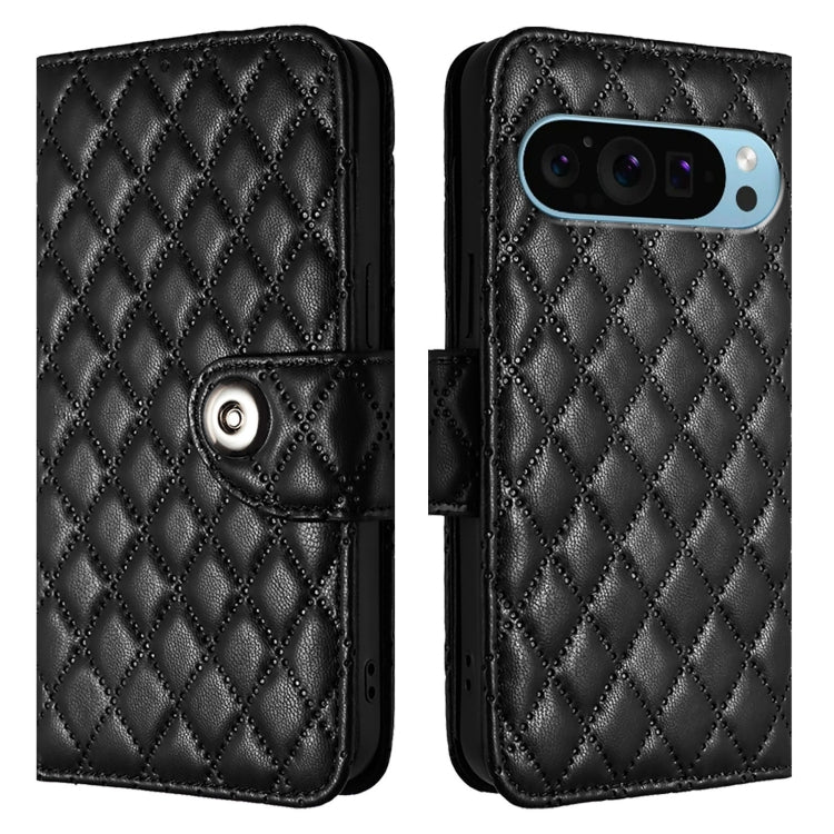 For Google Pixel 9 Pro XL Rhombic Texture Flip Leather Phone Case with Lanyard(Black) - Google Cases by buy2fix | Online Shopping UK | buy2fix