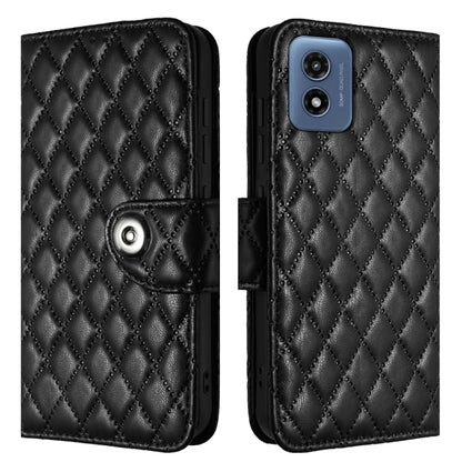 For Motorola Moto G Play 4G 2024 Rhombic Texture Flip Leather Phone Case with Lanyard(Black) - Motorola Cases by buy2fix | Online Shopping UK | buy2fix