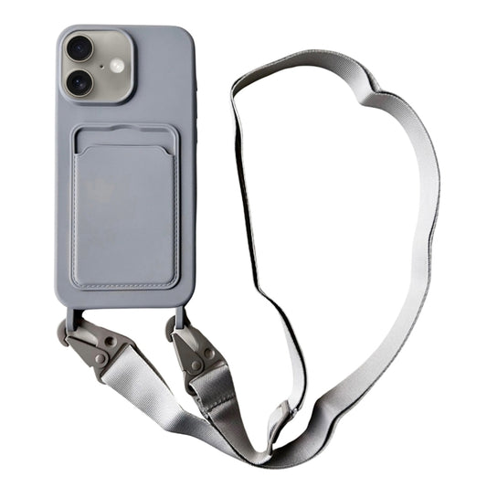 For iPhone 16 Card Slot Liquid Silicone Phone Case with Lanyard(Grey) - iPhone 16 Cases by buy2fix | Online Shopping UK | buy2fix