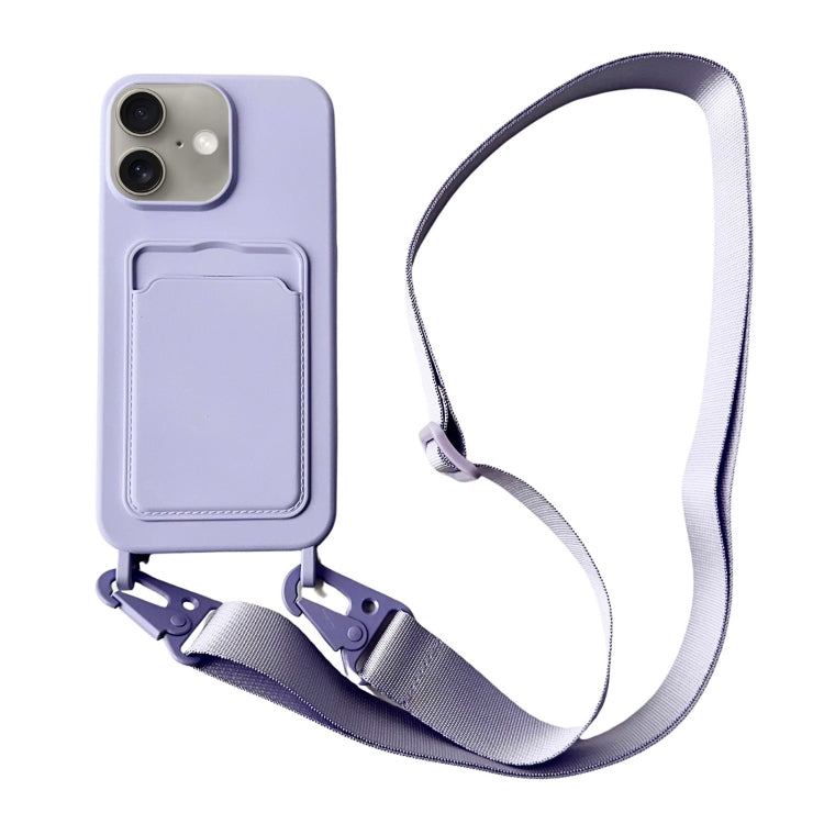 For iPhone 16 Card Slot Liquid Silicone Phone Case with Lanyard(Light Purple) - iPhone 16 Cases by buy2fix | Online Shopping UK | buy2fix