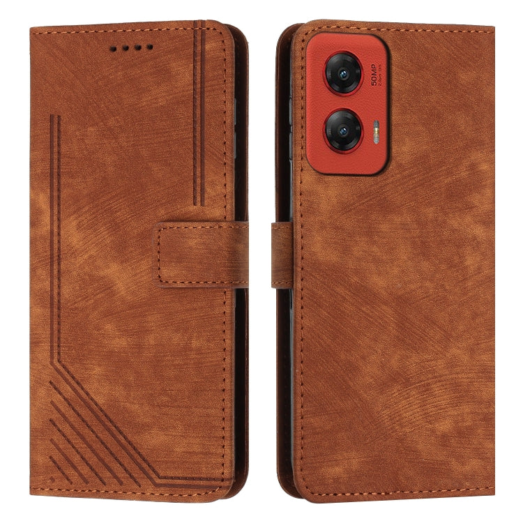 For Motorola Moto G Stylus 5G 2024 Skin Feel Stripe Pattern Leather Phone Case with Long Lanyard(Brown) - Motorola Cases by buy2fix | Online Shopping UK | buy2fix