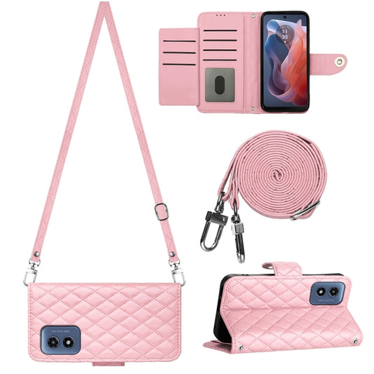 For Motorola Moto G Play 4G 2024 Rhombic Texture Flip Leather Phone Case with Long Lanyard(Pink) - Motorola Cases by buy2fix | Online Shopping UK | buy2fix