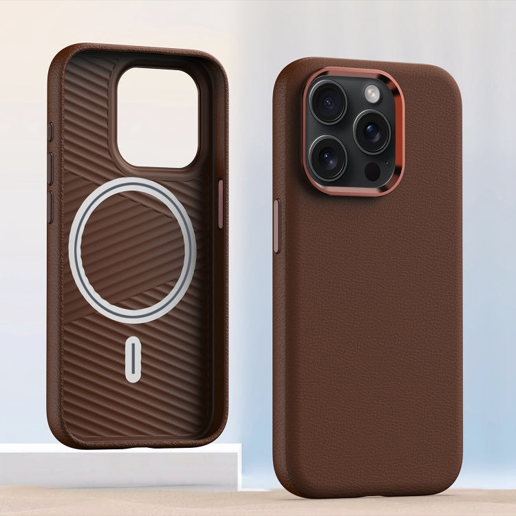 For iPhone 14 Pro Max Metal Lens Frame Leather Magsafe Full Coverage Shockproof Phone Case(Brown) - iPhone 14 Pro Max Cases by buy2fix | Online Shopping UK | buy2fix