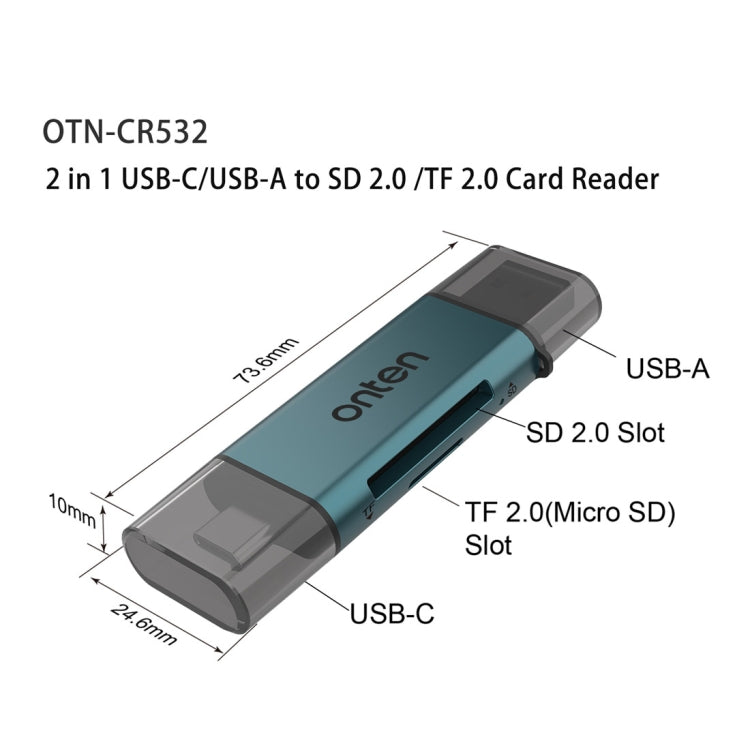 Onten CR532 2 in 1 USB-A / USB-C to SD2.0 / TF2.0 USB Card Reader(Pine Green) -  by Onten | Online Shopping UK | buy2fix