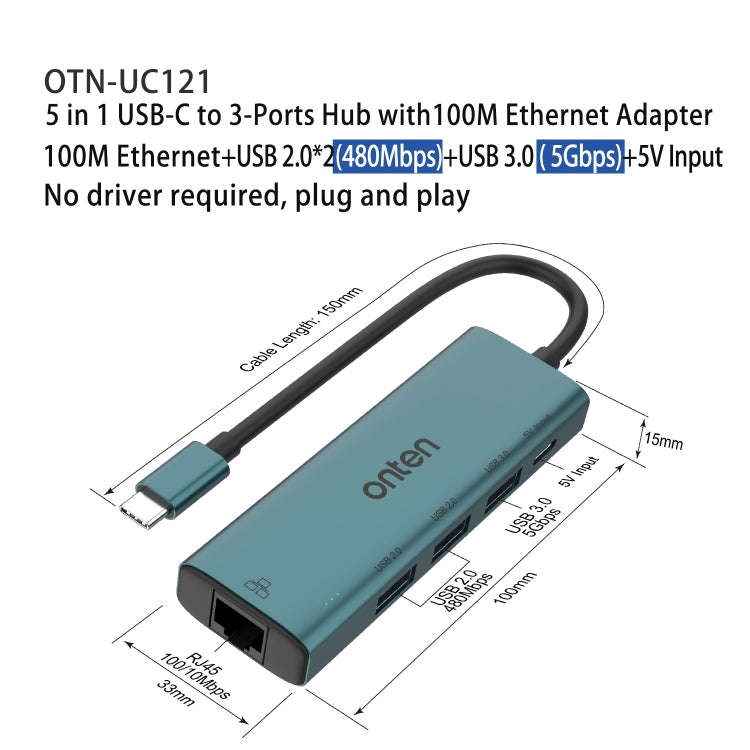 Onten UC121 5 in 1 USB-C / Type-C to USB 3.0 HUB with 5V Input & 100Mbps Network Card - USB HUB by Onten | Online Shopping UK | buy2fix