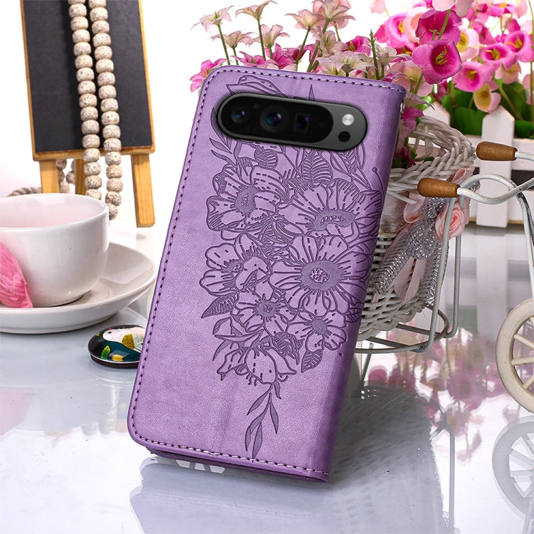 For Google Pixel 9 Pro Embossed Butterfly Leather Phone Case(Purple) - Google Cases by buy2fix | Online Shopping UK | buy2fix