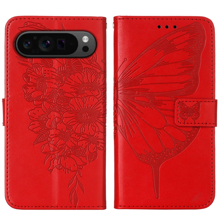 For Google Pixel 9 Pro Embossed Butterfly Leather Phone Case(Red) - Google Cases by buy2fix | Online Shopping UK | buy2fix