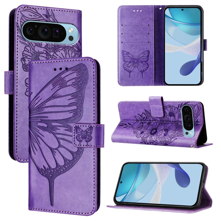 For Google Pixel 9 Pro XL Embossed Butterfly Leather Phone Case(Purple) - Google Cases by buy2fix | Online Shopping UK | buy2fix