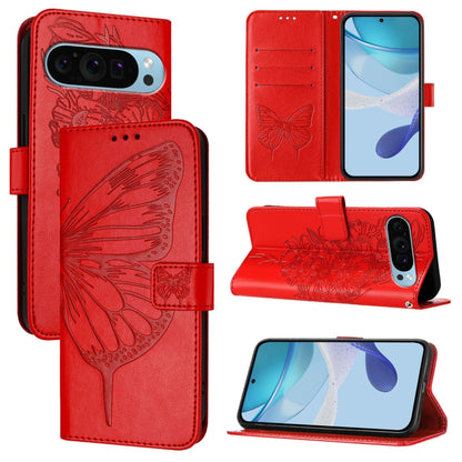 For Google Pixel 9 Pro XL Embossed Butterfly Leather Phone Case(Red) - Google Cases by buy2fix | Online Shopping UK | buy2fix