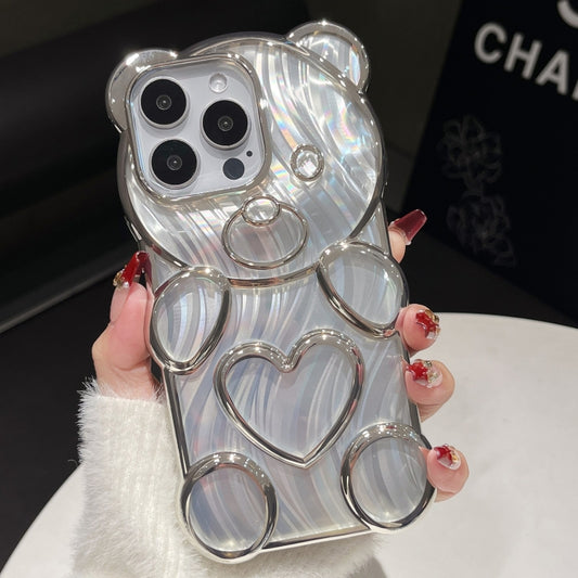 For iPhone 16 Pro Max Bear Shaped Embossed Electroplated Laser TPU Phone Case(Silver) - iPhone 16 Pro Max Cases by buy2fix | Online Shopping UK | buy2fix