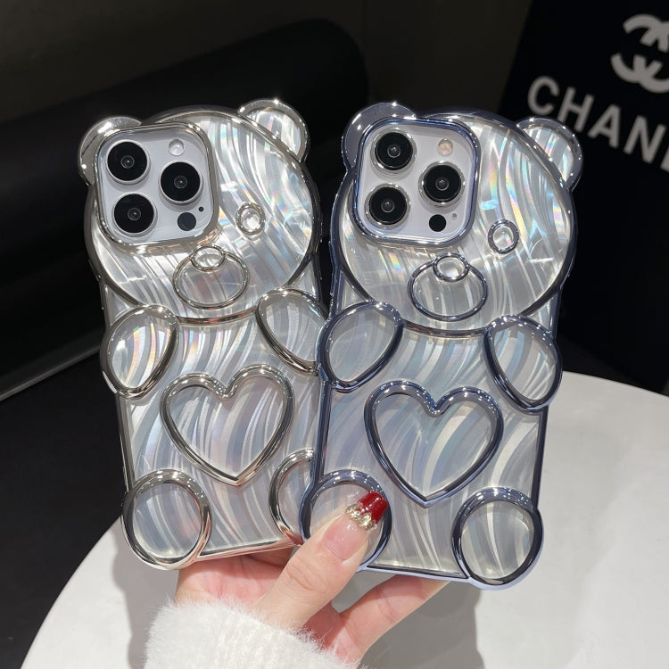 For iPhone 16 Bear Shaped Embossed Electroplated Laser TPU Phone Case(Silver) - iPhone 16 Cases by buy2fix | Online Shopping UK | buy2fix