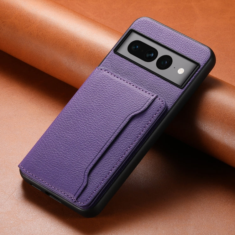 For Google Pixel 7 Pro 5G Calf Texture Card Bag Design Full Coverage Phone Case(Purple) - Google Cases by buy2fix | Online Shopping UK | buy2fix