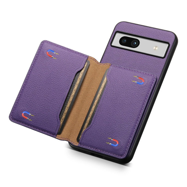 For Google Pixel 7a Calf Texture Card Bag Design Full Coverage Phone Case(Purple) - Google Cases by buy2fix | Online Shopping UK | buy2fix