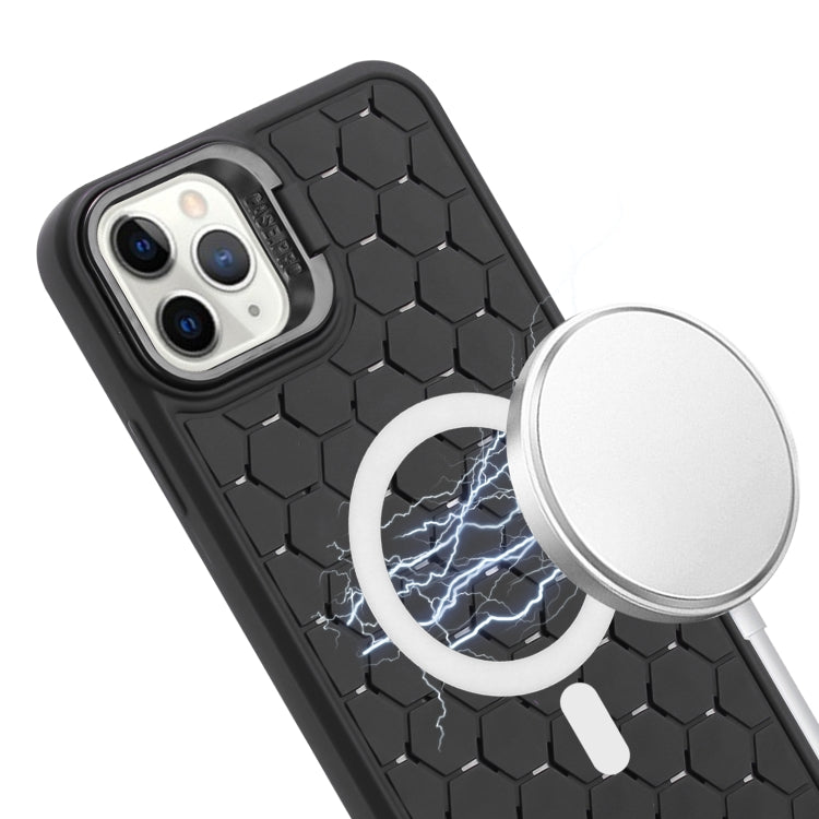 For iPhone 15 Pro Honeycomb Radiating Lens Holder Magsafe Phone Case with Lanyard(Black) - iPhone 15 Pro Cases by buy2fix | Online Shopping UK | buy2fix