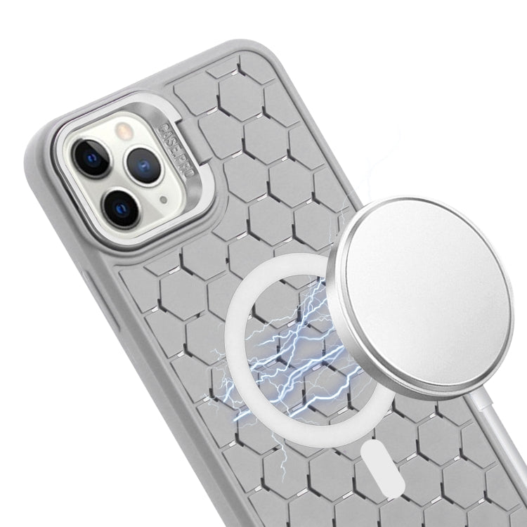 For iPhone 13 Pro Honeycomb Radiating Lens Holder Magsafe Phone Case with Lanyard(Grey) - iPhone 13 Pro Cases by buy2fix | Online Shopping UK | buy2fix